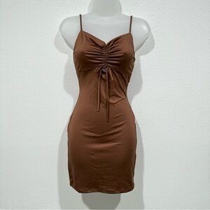 NWT brown runched front tie cutout sleeveless spaghetti strap club bodycon dress